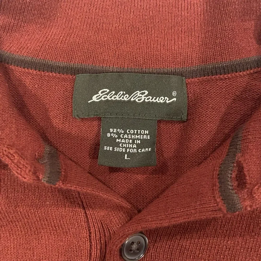 Eddie Bauer Red 1/4 Button Pullover Cotton Cashmere Sweater Mens Large - Picture 6 of 7